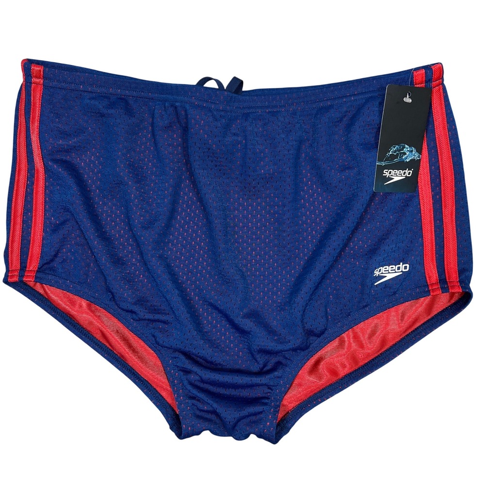 Speedo Swim Briefs 34 Navy Blue Red Mesh Square Leg Trunks Drag Training Retro
